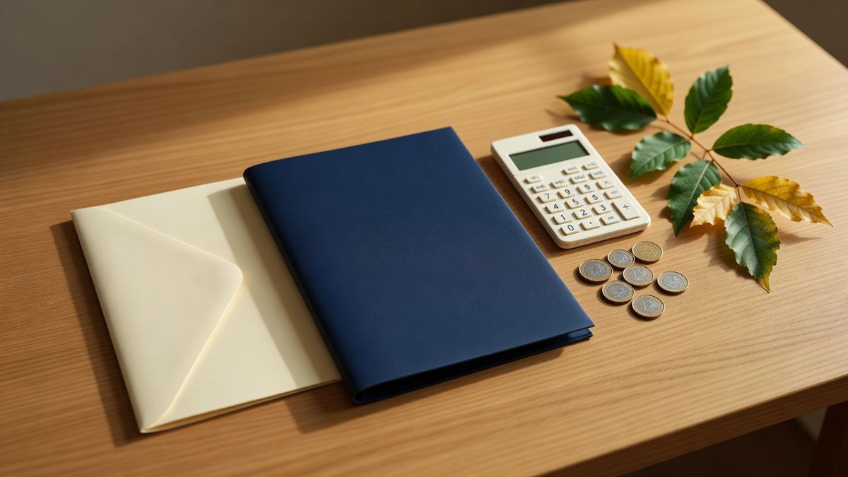 Enveloppe fermée et chemise bleu nuit sur un bureau en chêne clair, avec une calculatrice et quelques pièces en euros