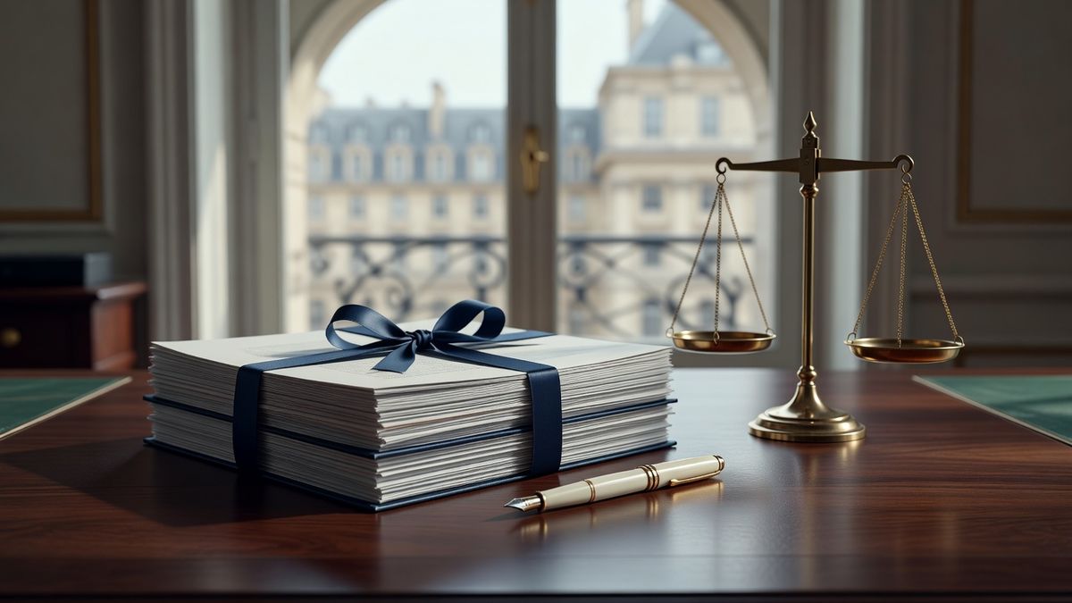 Pile de documents parlementaires reliés sur un bureau en bois, avec un stylo plume et une petite balance en laiton