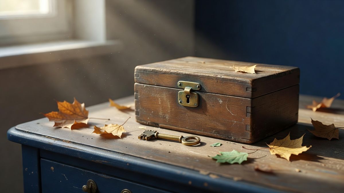 Ancien coffret en bois fermé par une serrure en laiton, une clé ancienne posée devant, dans un rai de lumière