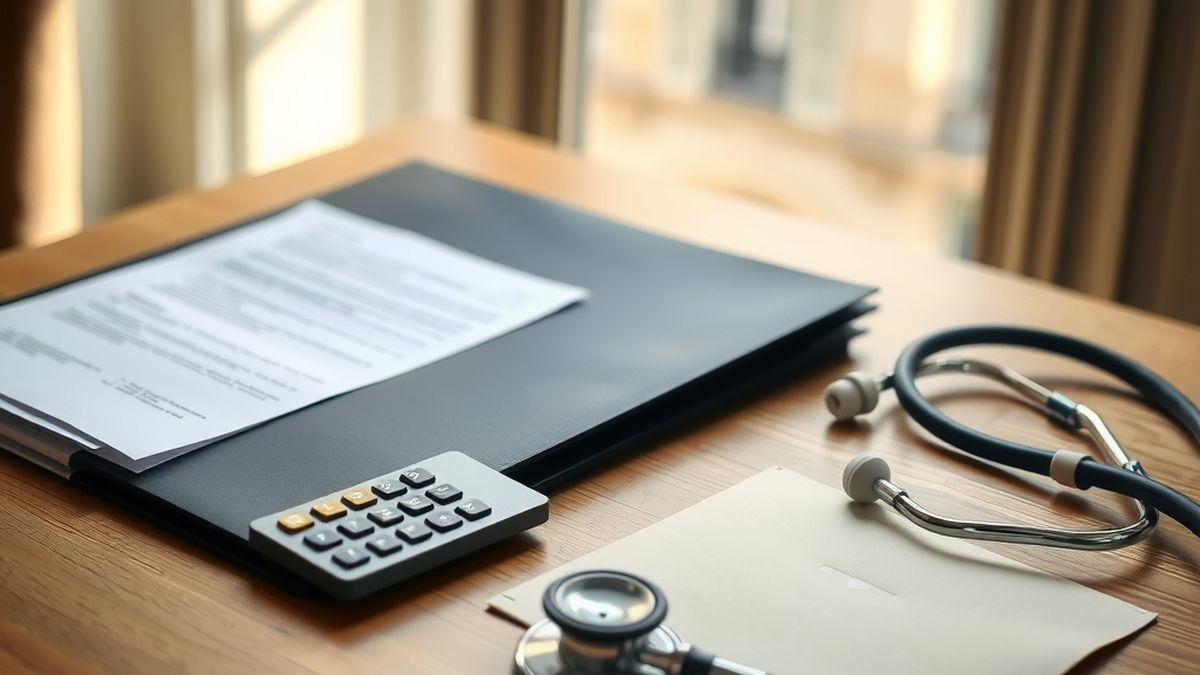 Dossier fermé, calculatrice et stéthoscope posés sur un bureau